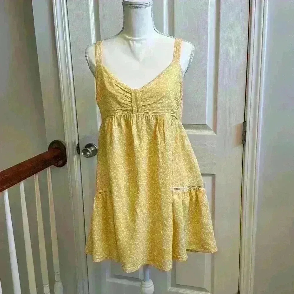LUSH. Yellow/White Floral Sundress. 70% Linen. Lined. Mini. Elastic Back Wm Sz L - Picture 2 of 13